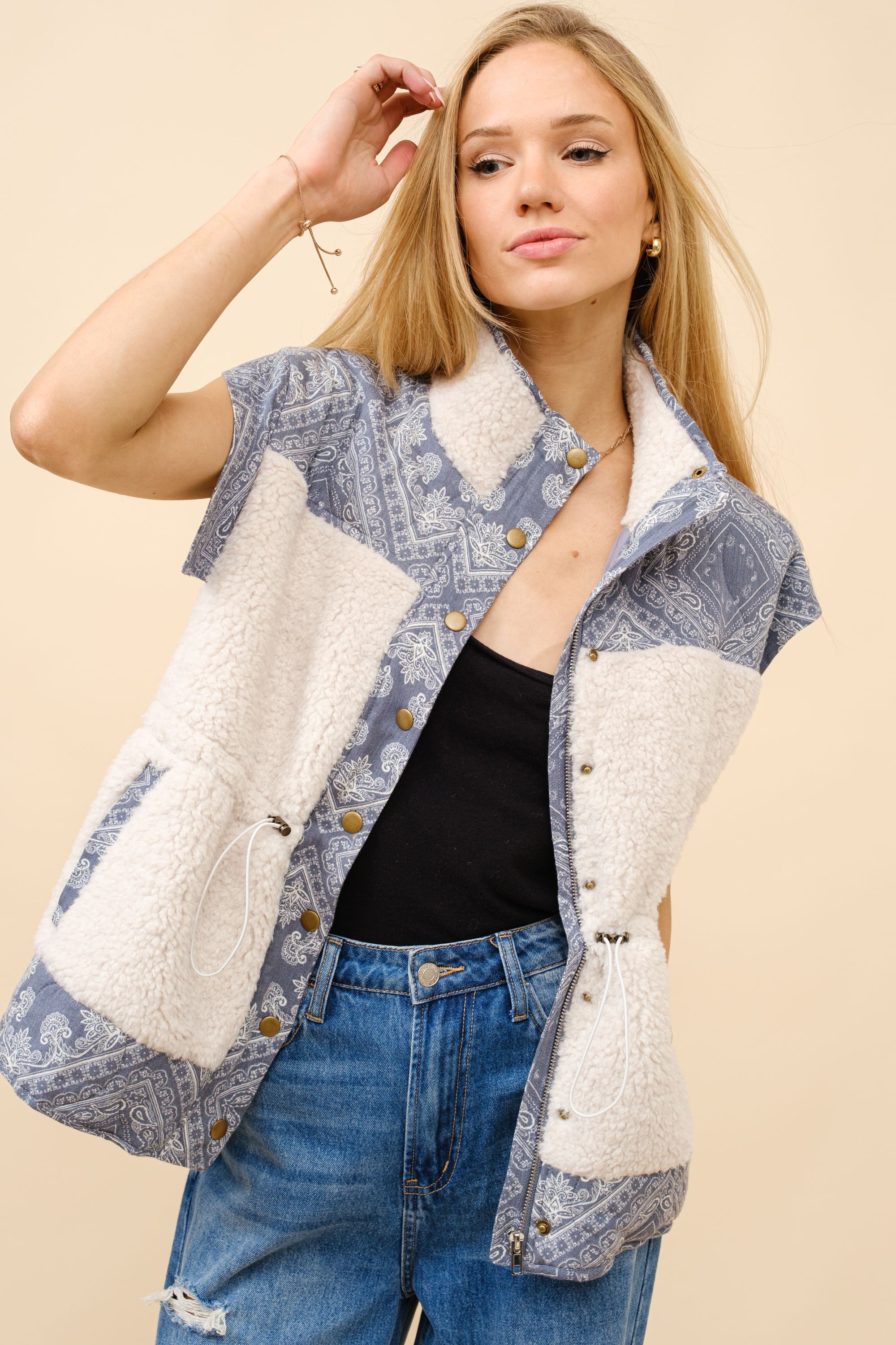 White Sherpa Denim Vest